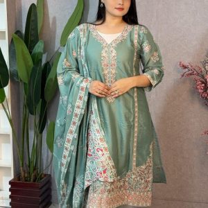 elegant silk two piece set with muslin cotton dupatta
